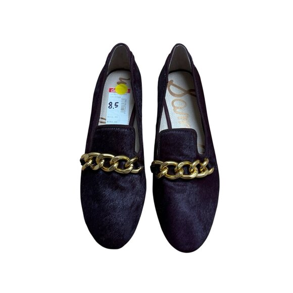 SAM EDELMAN KOLLINS FUR LOAFERS SLIP ON GOLD CHAIN SIZE 8.5 BURGUNDY FALL NEW - Picture 1 of 8